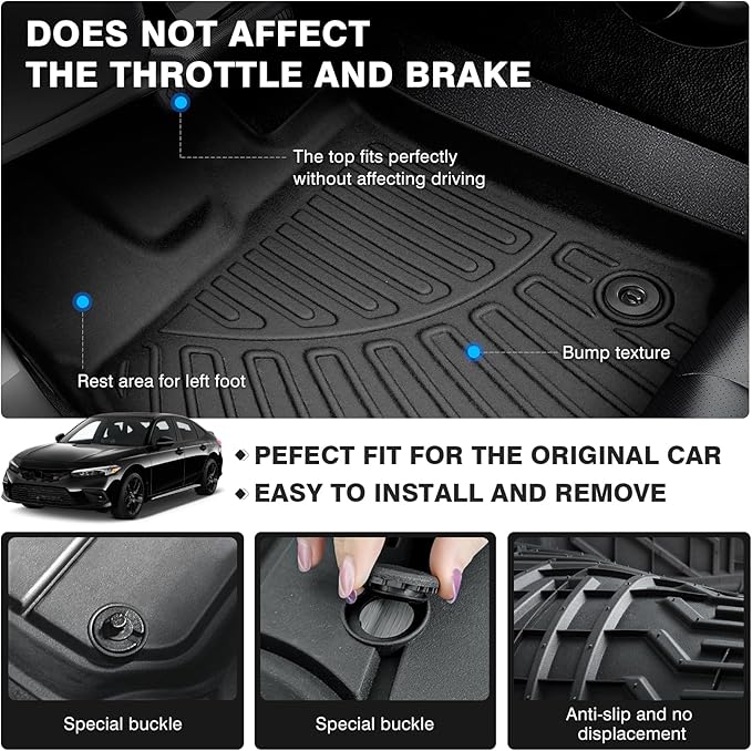 Powerty Floor Mats for 2022-2025 Honda Civic/2023-2025 Acura Integra Accessories All Weather Floor Liner 3D TPE 1st & 2nd Row Floor Mat Heavy-Duty Floor Liners