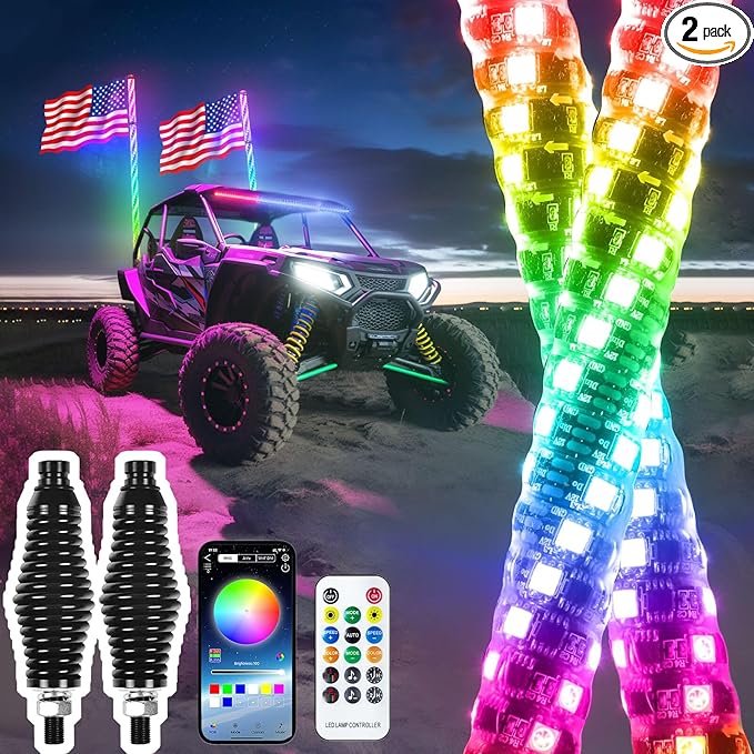 3FT-2 PC Spiral RGB LED Whip Light RGB Chasing/Dancing Light RF Remote Control Lighted Whip Lights for UTV, ATV, Off Road, Truck, Sand, Buggy Dune, RZR