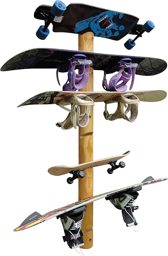 7-Place Wall-Mounted Snowboard Log Rack, Wakeboard Racks, Skateboard Holder Wall Mount, Vertical Snowboard Wall Mount Sport Storage for Garage, Skateboard Rack Walls, Wood Storage Racks - Natural