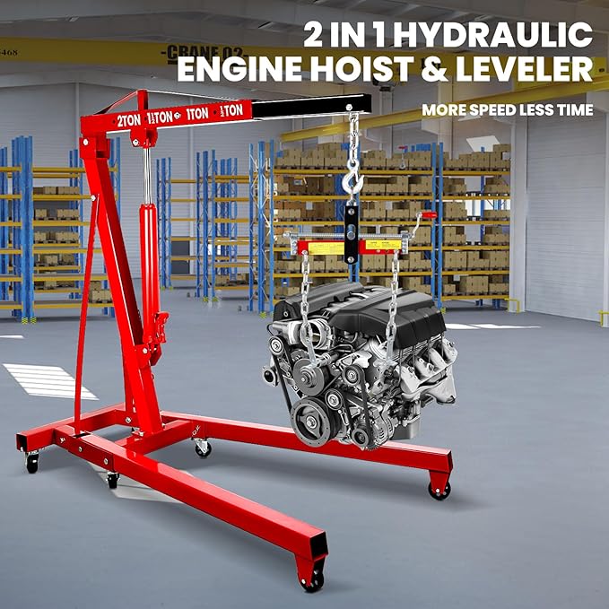 Engine Lift, 2 Ton Engine Hoist Cherry Picker with Quick Fold & 6 Steel Casters, 4400LBS Heavy-Duty Hydraulic Crane, Adjustable 4-Position Boom & 8T Pump for Garage Use 56.2"x50.6"x37"