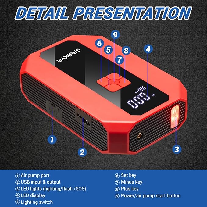 TM16E2 Car Jump Starter 7000Ah Jump Starter Battery Pack for Up to 5.0L Gas and 3.0L Diesel Engines, 29.6Wh Portable 12V Jump Box with USB Ports, LCD Display, Storage Case, and LED Light