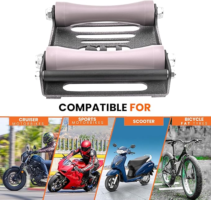 GRAND PITSTOP Motorcycle Roller Wheel Cleaning Stand - Paddock Stand Replacement - Wheel Roller Stand with Ramp Support for tire Cleaning & Chain Lubrication (Roller Large Antic Silver)