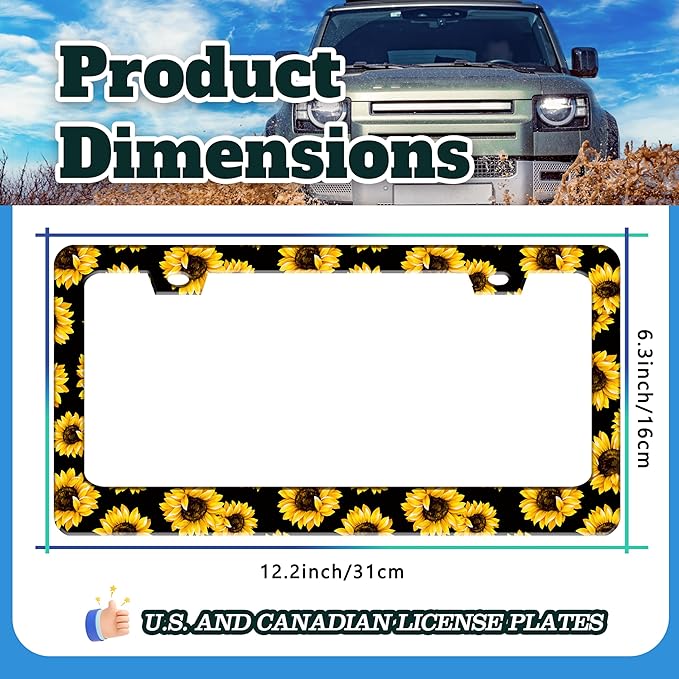 Sunflowers License Plate Frame Yellow Flowers Stainless Steel License Plate Holder for Front or Rear Car Tags Funny for Car Decoration Accessories with Screws 6.3 X 12.2 in for Women Men