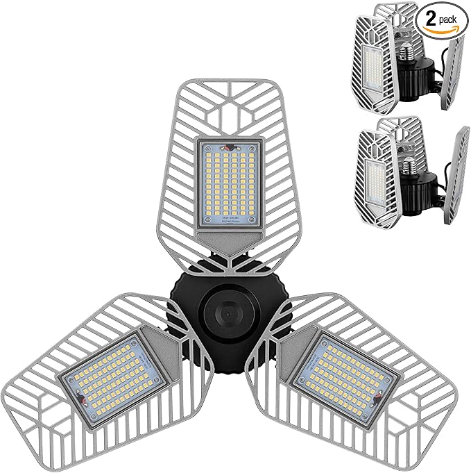 2-Pack Deformable LED Garage Ceiling Lights, 9000 Lumens, 82W CRI 80, Adjustable Shop Lighting (No Motion Activated)