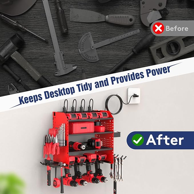 Heavy Duty Power Tool Organizer Wall Mount with Charging Station, 4 Layer Garage Storage Adjustable Shelves Height, Holds 4 Drills, 2 Hooks, Screw & Screwdriver box, Gifts for Fathers Day, Anniversary