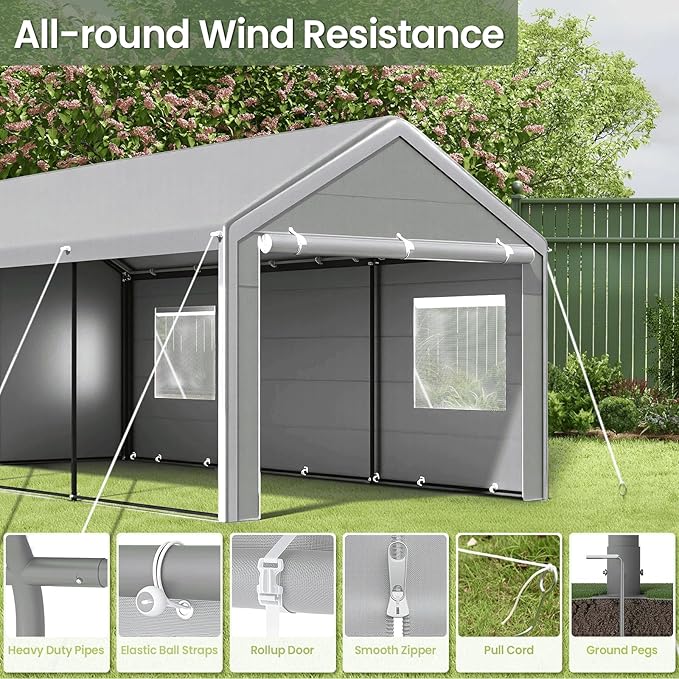 Carport 10x20 Ft, Heavy Duty Car Canopy with Reinforced Ground Bar, Portable Garage with Roll-up Windows and Removable Sidewalls, Galvanized Car Shelter, Large Outdoor Storage Shed (Grey)