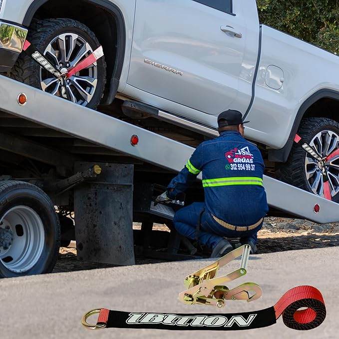 4 Pack Car Tie Down Straps for Trailers - 2" x 96" - 3,300 lbs Safe Working Load -Adjustable Wheel Straps for Hauling Cars.