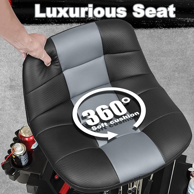 Rolling Stool with Wheels, Adjustable Height Pneumatic Garage Work Mechanic Stool Seat with Backrest, 400 LBS Capacity 360° Swivel Mechanic Crepper Chair with Tool Tray Storage, Gray