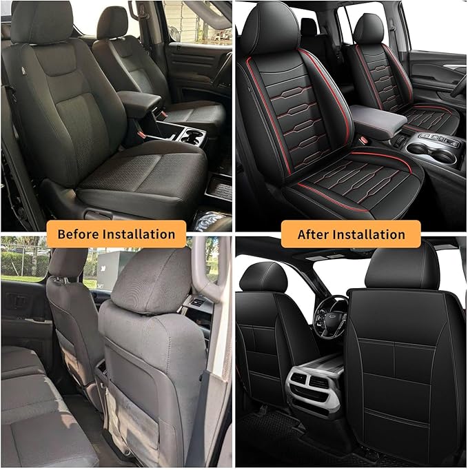 AOMSAZTO Seat Covers Fit for Honda Ridgeline 2006-2024 2025: Crew Cab 2PCS Front Car Seat Covers Faux Leather Truck Pickup Seat Cushion Protector - Front Seats Without Armrests(Front Pair, Redline)
