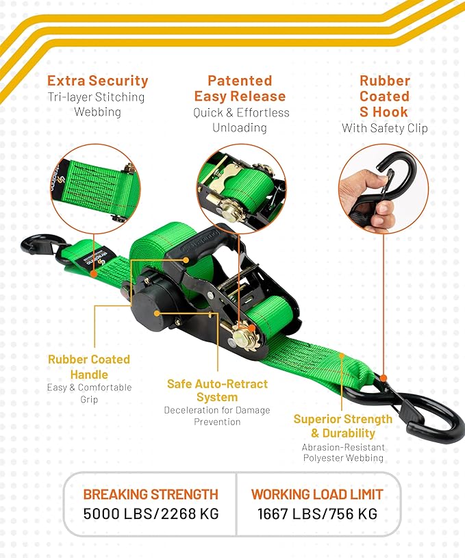 Strapinno Retractable Ratchet Tie-Down Straps,5,000 lbs Breaking Strength- 2 in x 12 ft Heavy Duty Ratchet Strap with Safety Lock S Hooks for Motorcycles, ATVs, UTVs, Lawn Equipment & Cargo (Green)