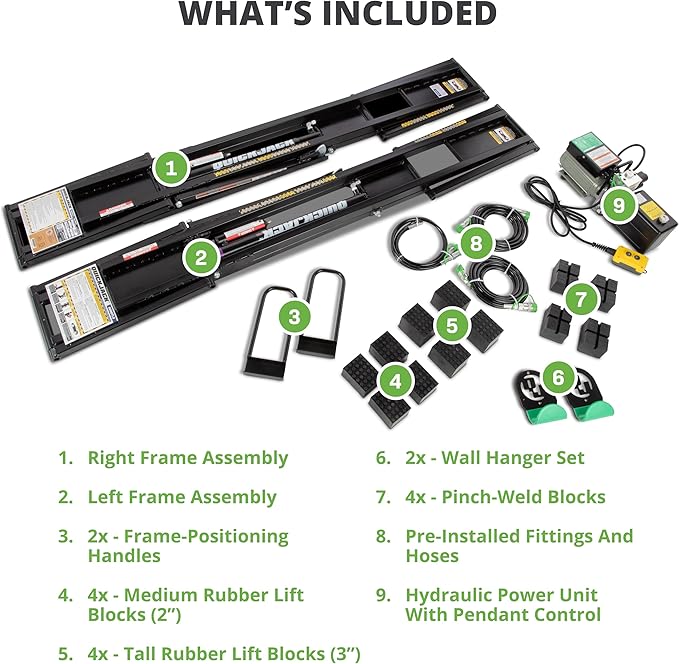 QuickJack Bundle - 6000TLX Portable Car Lift, Includes Pinch Weld Blocks & Wall Hangers, ALI Certified, 110V Power Unit, Truck Lift for Garage & Shop, (6,000 lbs. Capacity)
