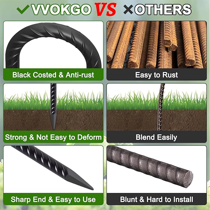 VVOKGO Rebar Stakes 12 Inches J Hook Heavy Duty Chain Link Fence Stakes, 32 Pcs Metal Long Tent Spikes Ground Anchors for Wire Fencing, Dogs Digging, Camping Tents, Swings, Greenhouse, Black