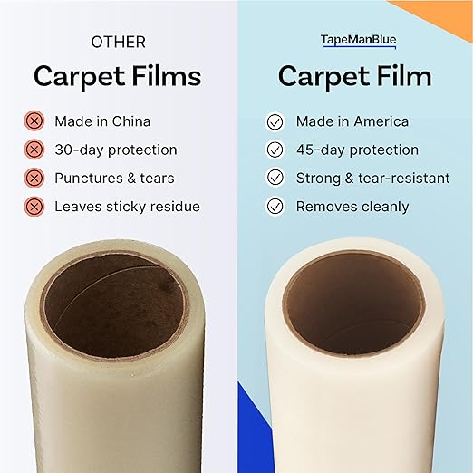 TapeManBlue Carpet Protection Film 36" x 200' roll. Made in The USA. Easy Unwind, Clean Removal, Strongest and Most Durable Plastic Carpet Protector. Clear, Self-Adhesive Surface Protective Film.