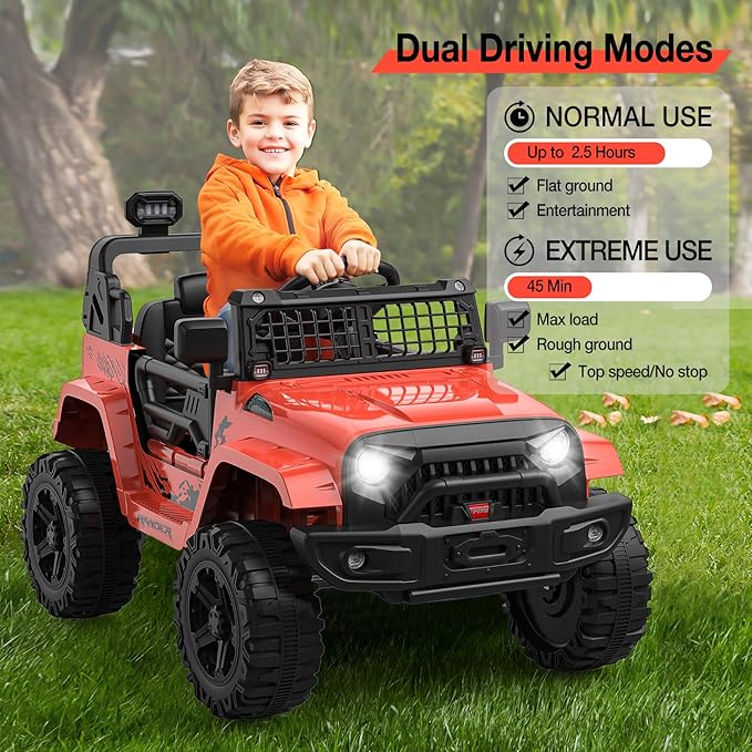 12V Kids Electric Ride On Truck Car w/Parent Remote Control, Spring Suspension, LED Lights & AUX Port | Outdoor Ride Toy for Boys Girls