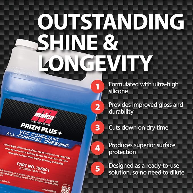 Malco Prizm Plus All-Purpose Dressing – Ultra High Silicone Formula Gives Superior Shine and Durability to Interior Rubber and Vinyl Surfaces/Protects Against Fading and Cracking/1 Gallon (196601)
