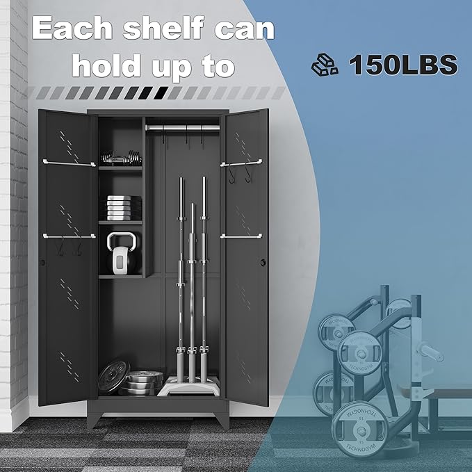 75" Metal Storage Cabinet, Tall Broom Cabinet, Garage Cabinets with Locking Doors, Black Outdoor Utility Broom Closet Storage Cabinets for Office, Bathroom, Warehouses