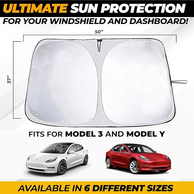 Tesla Windshield Sun Shade for Model(3/Y)(2016–2025) – XX-Large 56" x 36", Foldable Front Sunshade with Storage Bag | Reflective 240T Polyester | Blocks UV Rays&Heat – Interior Protection Accessory