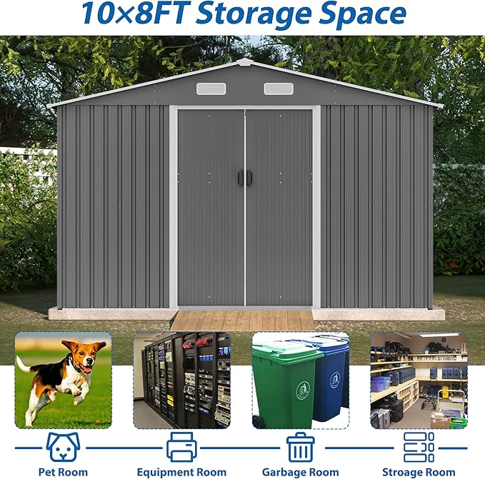 10X8 FT Outdoor Tool Storage Shed with Metal Foundation & Lockable Doors, All Weather Metal Sheds for Garden, Patio, Backyard, Lawn