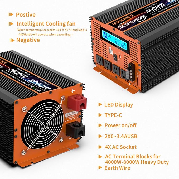 4000 Watt Pure Sine Wave Power Inverter 24V DC to 110V 120V Converter for Family RV Off Grid Solar System Car with Type-C Ports 4 AC Power Outlets Dual USB Ports LCD Display and Remote Control