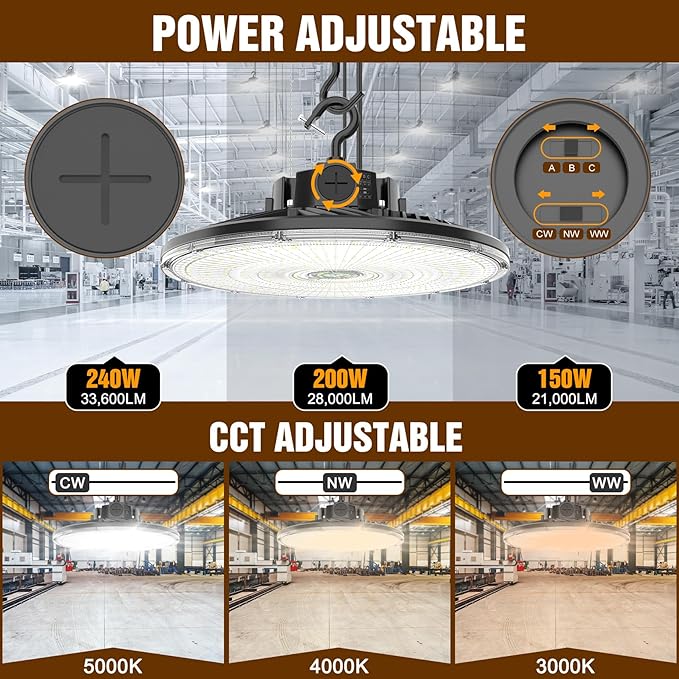 480V UFO LED High Bay Light 240W 200W 150W Adjustable, UL DLC Listed Dimmable High Bay LED Shop Lights 3000K 4000K 5000K, IP65 Waterproof Commercial Bay Lighting for Warehouse Factory