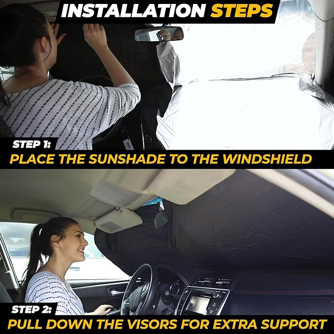 Windshield Sun Shade for Car, SUV & Truck – Patented Design Blocks 99% UV Rays & Heat | 240T Reflective Polyester Sunshade with Storage Bag | Keeps Vehicle Interior Cool | Universal Fit (64" x 33.5")