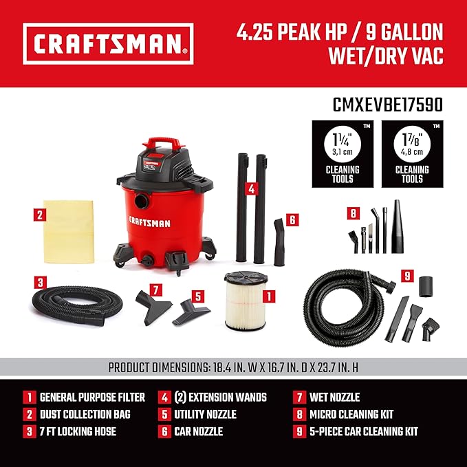 CRAFTSMAN CMXEVBE17590 9 Gallon 4.25 Peak HP Wet Dry Vac, Portable Shop Vacuum Wet and Dry with Filter, Dust Bag, Hose, Car Cleaning Kit and Micro Cleaning Kit for Home and Garage Cleaning