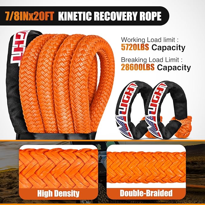 Nilight Kinetic Recovery Tow Rope 7/8" x 20ft (28,600LBS) with 2 Soft Shackle 1/2" x 24" Snatch Strap Heavy Duty Offroad Towing Strap kit for UTV ATV SUV Truck Car Jeep Tractor
