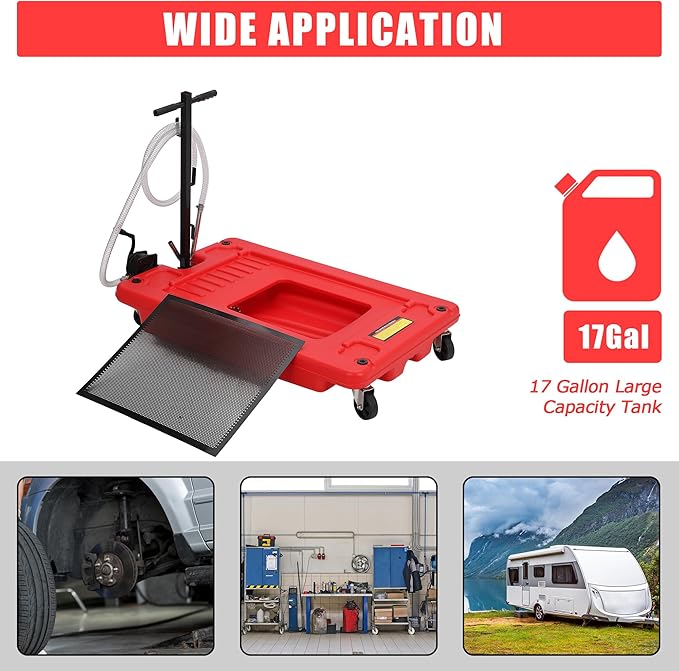 ‌17 Gal Low Profile Oil Drain Pan, Heavy Duty Mobile Oil Changing Pan with Hand Pump, 8 Ft Hose & Quick Drain Valve, Leak-Proof Design for Truck Car Motorcycle, Garage Workshop Use