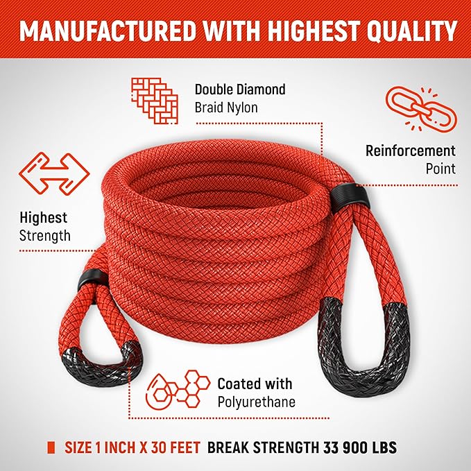MiolleGear Kinetic Recovery Rope 1" x30' - Heavy Duty Offroad Snatch Strap - Includes 2 Soft Shackle for UTV, ATV, Truck, Car, Jeep, Tractor - Ultimate Recovery Gear