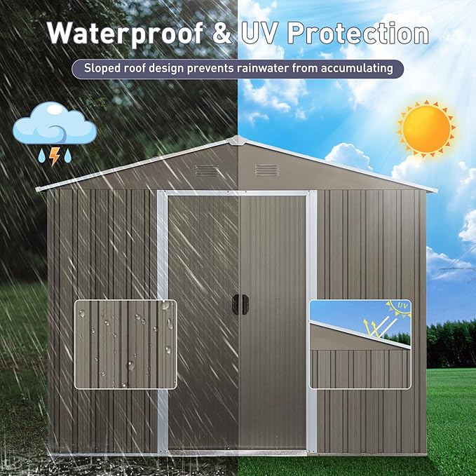 6x8 FT Outdoor Storage Shed, Metal Garden Shed with Frame Floor, Outside Tool Shed with Window, Waterproof Storage Building with Lockable Sliding Doors & Sloped Roof for Backyard, Patio, Gray