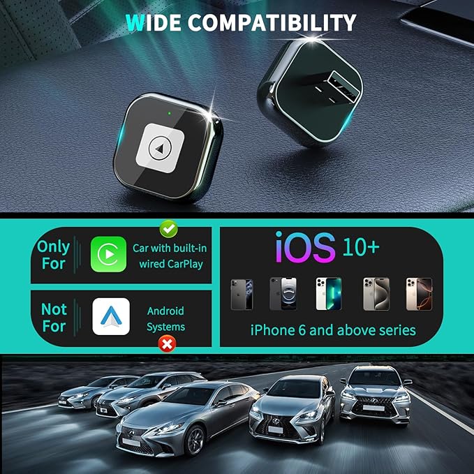 Wireless CarPlay Adapter for iPhone - Mini USB Design, Plug & Play, Auto Connect,Convert Wired to Wireless CarPlay in Seconds, iOS 10+ Compatible (2025 Upgrade) for Cars 2016+ (Black)