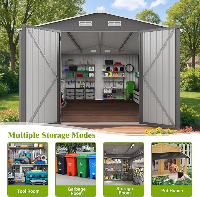 10 x 14 FT Large Outdoor Storage Shed w/ 2 Windows, Heavy Duty Metal Garden Sheds with 3 Lockable Door & Air Vents, Waterproof Tool House for Bicycles, Tools, Backyards, Patios, Lawns, Gray