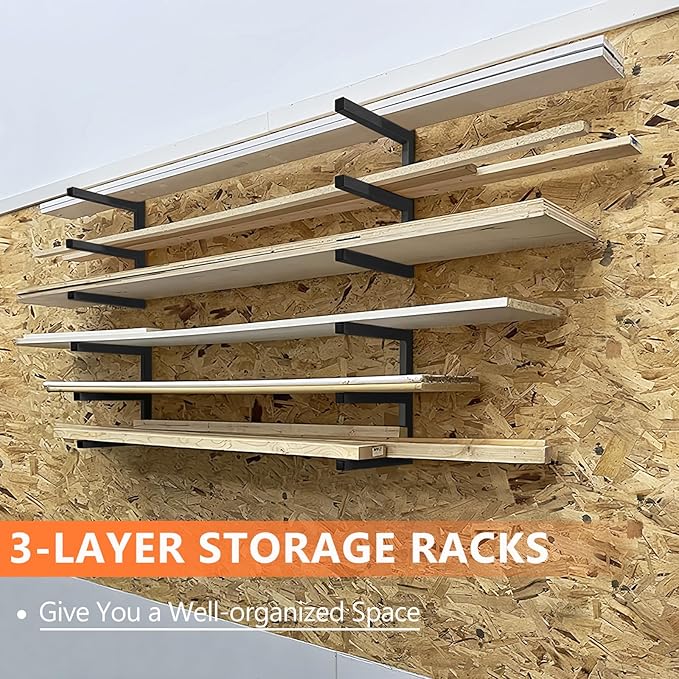 Wood Storage Racks with 3 Level, Garage Organizer Lumber Storage Rack Wall Mounted, Workshop Organizers Wood Wall Shelving, Lumber Metal Racks for Garage, Basement, Indoor and Outdoor (Black-4 Pack)