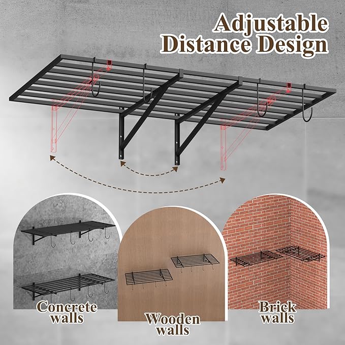 PEKGRIL Garage Wall Shelving Set of 2, 2X4 ft, Black, Contemporary Style, Heavy Duty, 2 Shelves, 8 Hooks, 260 lbs Capacity Each, Wall-Mounted, Metal, Alloy Steel, 2 Count