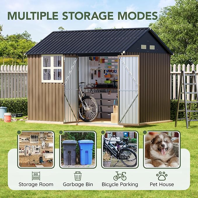 8x10 FT Outdoor Metal Storage Shed, Single Door, 1 Clear Window, Tool Shed for Garden, Patio, Backyard Brown