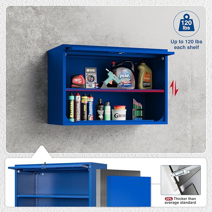 Metal Storage Cabinet Blue Wall Cabinets with Shelf and Locking Door - Wall Mounted Storage Cabinet for Garage Warehouse Home Office - Assembly Required