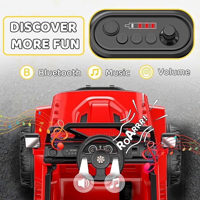 12V Ride On Truck Car with Remote Control, Kids Electric Vehicles with Bluetooth Music, Horn, 3 Speeds, 4 LED Lights, Soft Start, Ride-on Toy for Toddler Boys & Girls (Red)
