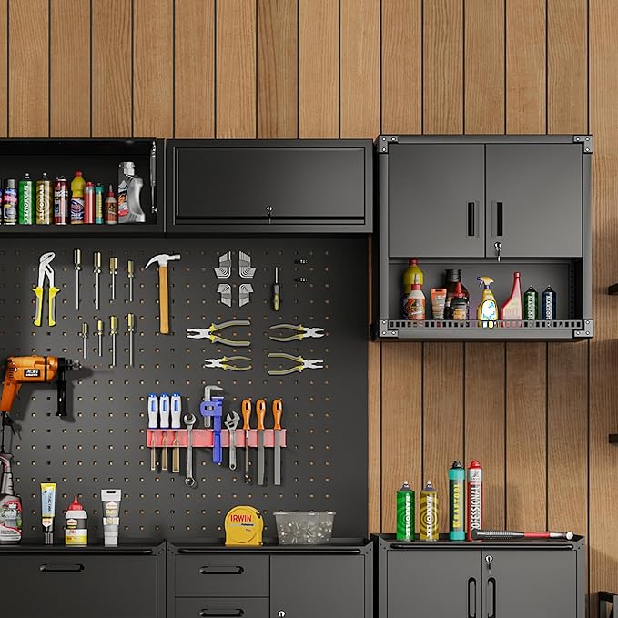 Metal Tool Cabinet,Garage Storage Cabinet System,Wall Cabinet & Locking Rolling Tool Cabinet with Doors and Adjustable Shelves,Steel Tool Cabinets for Home,Office (2 Pcs-StyleA, Black)