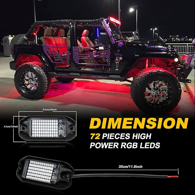 Nicoko 4Pods Pure Red LED Rock Lights 72 pcs LEDs high Power Rock Lights Neon Underglow Light for Car Trucks ATV UTV SUV Boat Underbody Glow Trail Rig Lights IP68 Waterproof