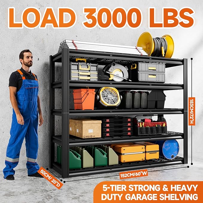 5-Tier 60" W x 20" D x 72" H Garage Shelving 30000LBS Heavy Duty Adjustable Storage Shelves Basement Industrial Shelving Units(Black)