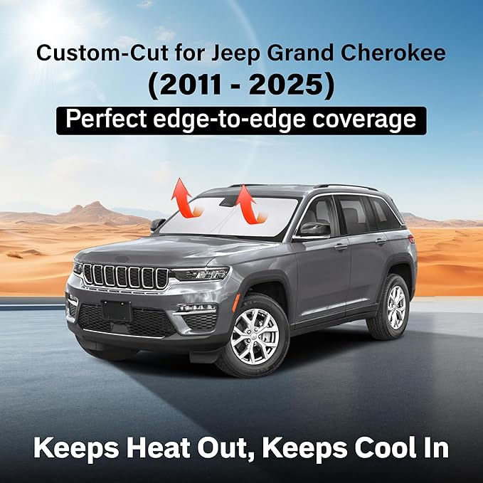Econour Windshield Sun Shade for 2011-2025 Jeep Grand Cherokee/Grand Cherokee L Accessories SUV Window Sunshade Sun Visor Protector Foldable Blocks UV Rays Keep Your Car Cooler