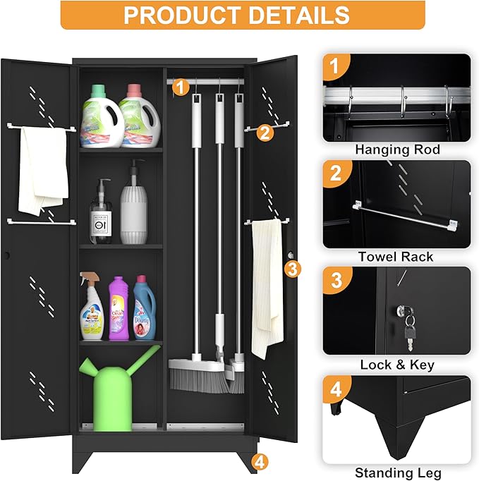 71" Metal Garage Tools Storage Cabinet with Doors and Shelves, Broom Tool Storage Filing Cabinets with Lock, Black Cleaning Supplies Organization Cabinet with Hanging Rod