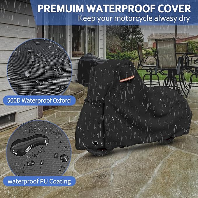 STARTWO Motorcycle Covers Waterproof Outdoor Storage Heavy Duty All Season Universal Vehicle Cover for Harley Davidson Sport, Cruisers, Softail, Adventure Series and Most Motorcycles 96"x43"x55" Black