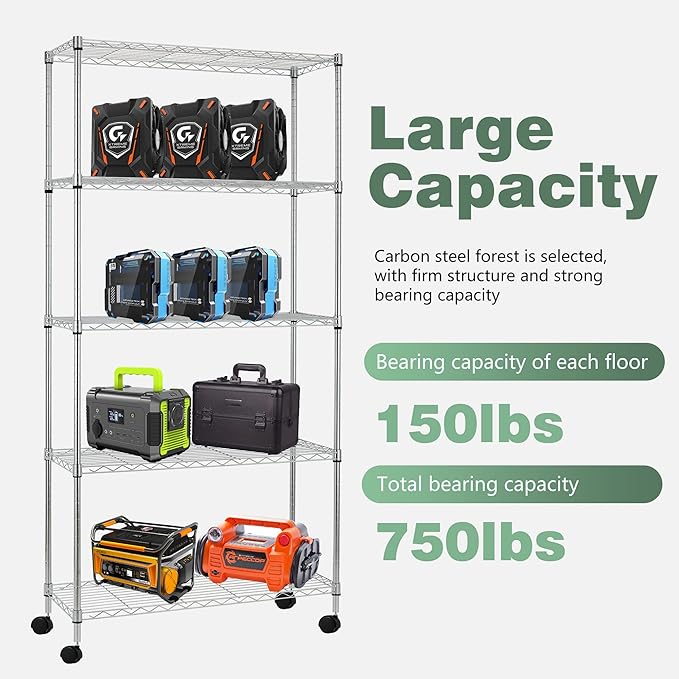 BestOffice 14Dx30Wx60H 5-Tier Wire Shelving Unit Steel Large Metal Shelf Organizer Garage Storage Heavy Duty NSF Height Adjustable Commercial Utility Storage Metal Rack on Wheels,Chrome