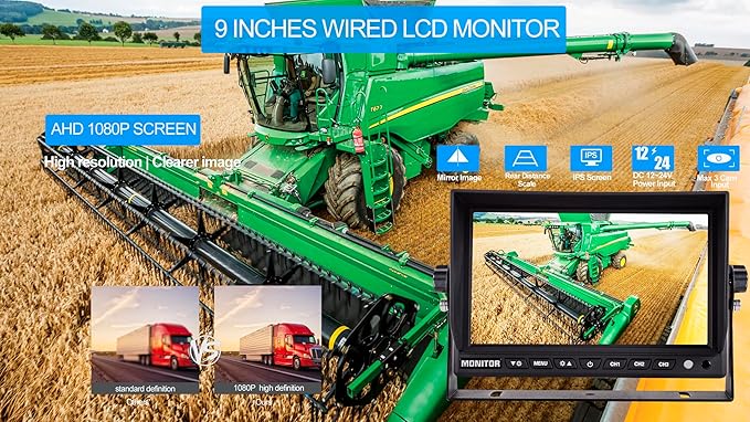 AHD 1080P, 9" Wired Monitor Rear View Reverse Backup Night Vision Camera System, Waterproof IP 69k Camera for Agriculture Farm Tractor, Truck, Forklift, Heavy Equipment, Excavator, Skid Steer