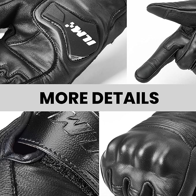 ILM Goatskin Leather Motorcycle Motorbike Powersports Racing Gloves Touchscreen for Men and Women Model DN01(XXL, Black Unperforated)