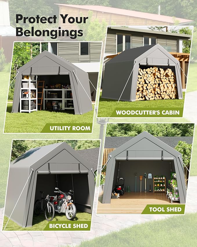 10 x 10 ft Carport Storage Shed, Portable Garage with Roll-up Zipper Door, Heavy Duty Waterproof Tarp, Storage for Motorcycle, Bike, Firewood, Garden Tools