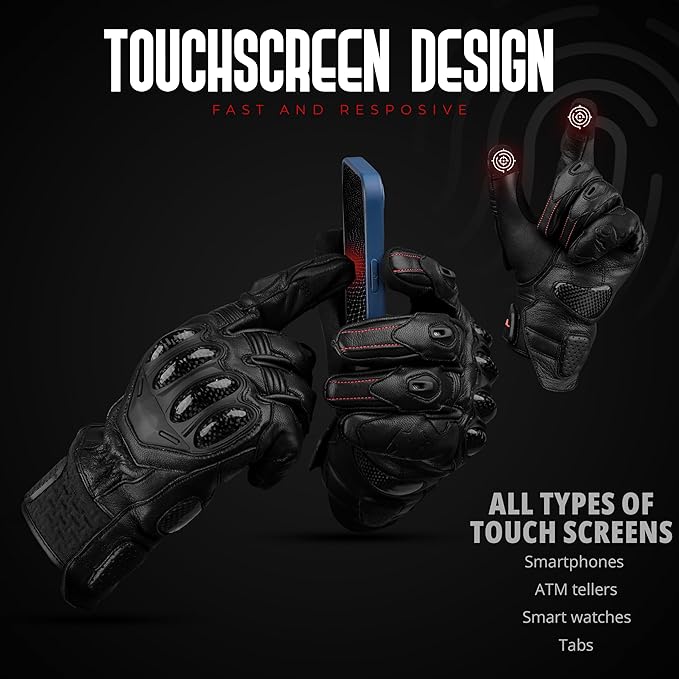 J.A.G. Leather Motorcycle Gloves for Men - Carbon Fiber Knuckle Protection, Motorbike Powersports, Dirt Bike, Touchscreen Gloves for Men and Women, Guantes para Moto.