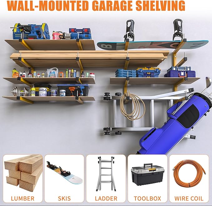 4-Pack Lumber Storage Rack, Wood Storage Racks Wall Mount, Heavy Duty Garage Wood Organizer With 8-Level System, Orange Utility Rack Organization Up 1600 Lbs, Metal Lumber Shelf for Indoor & Outdoor