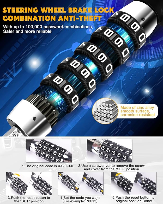 Tevlaphee Steering Wheel Lock Anti Theft Device Retractable Brake Pedal Lock Keyless Password 5 Coded Combination Anti Theft Car Security Device Heavy Duty Universal Fit for Vehicle Car Truck Van SUV